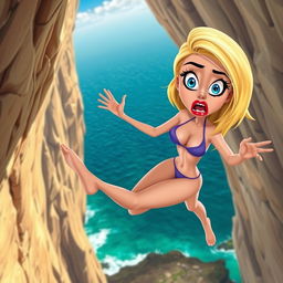 A sexy blonde 3D cartoon woman with striking blue eyes and vibrant red lips, wearing a tiny bikini, as she falls off a cliff