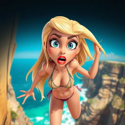 A sexy blonde 3D cartoon woman with striking blue eyes and vibrant red lips, wearing a tiny bikini, as she falls off a cliff