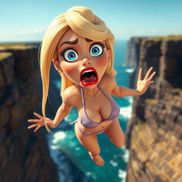 A sexy blonde 3D cartoon woman with striking blue eyes and vibrant red lips, wearing a tiny bikini, as she falls off a cliff