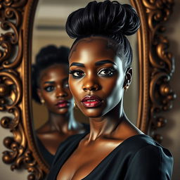 A powerful portrait of a black woman standing in front of a large, ornate mirror, her reflection showing a bruised face that tells a story of resilience and strength