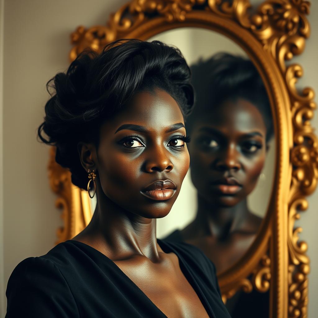 A powerful portrait of a black woman standing in front of a large, ornate mirror, her reflection showing a bruised face that tells a story of resilience and strength