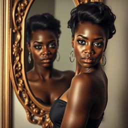 A powerful portrait of a black woman standing in front of a large, ornate mirror, her reflection showing a bruised face that tells a story of resilience and strength