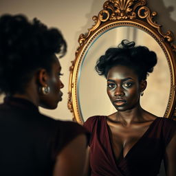 A powerful portrait of a black woman standing in front of a large, ornate mirror, her reflection showing a bruised face that tells a story of resilience and strength