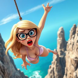 A sexy blonde 3D toon woman with striking blue eyes and bold red lips, wearing a tiny bikini