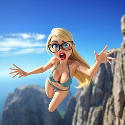 A sexy blonde 3D toon woman with striking blue eyes and bold red lips, wearing a tiny bikini