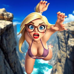 A sexy blonde 3D toon woman with striking blue eyes and bold red lips, wearing a tiny bikini