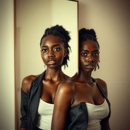 A poignant portrait of a young black woman standing in front of a large mirror, her reflection displaying a bruised face that tells a story of struggle and resilience