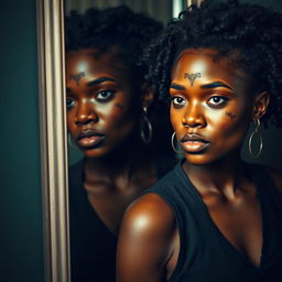 A poignant portrait of a young black woman standing in front of a large mirror, her reflection displaying a bruised face that tells a story of struggle and resilience
