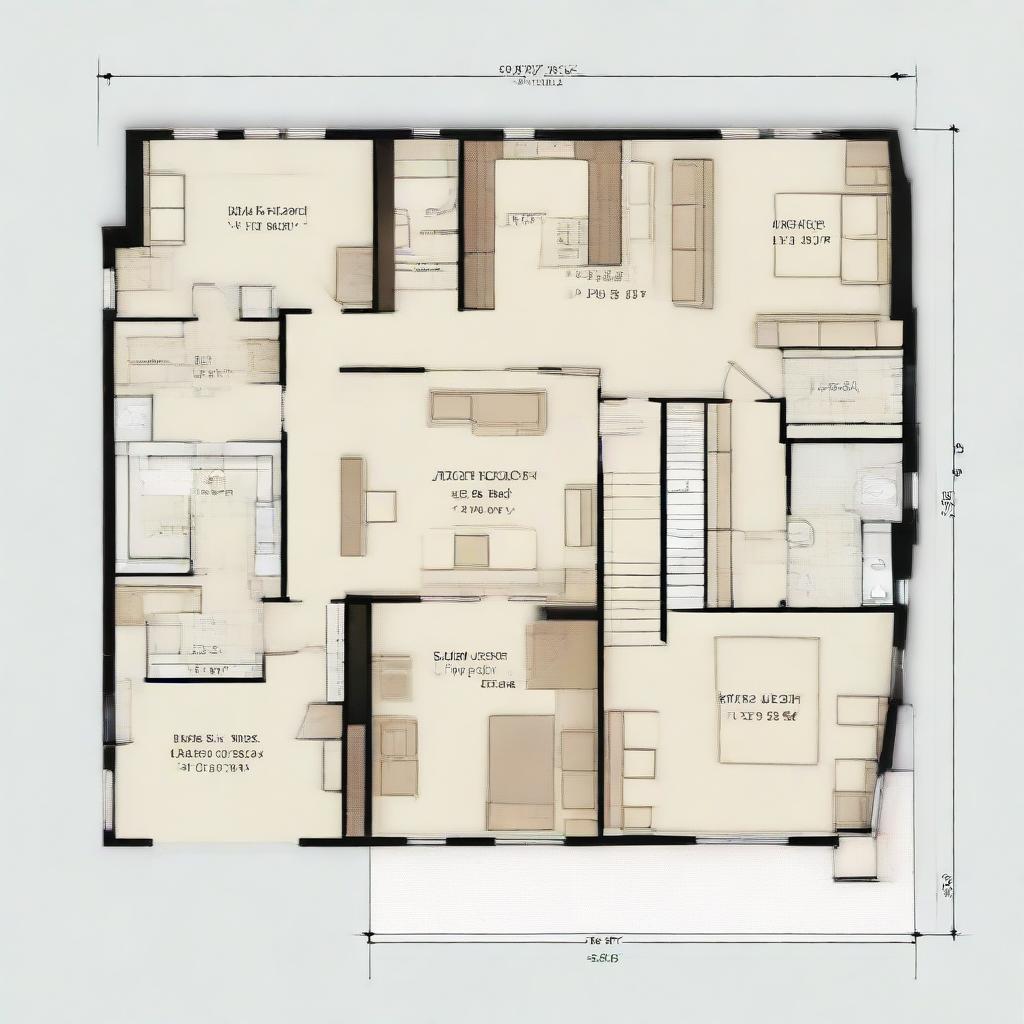 Generate an image of a first floor house plan, featuring a combined living room and bedroom with a focus on the front elevation view.