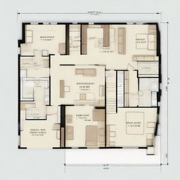 Generate an image of a first floor house plan, featuring a combined living room and bedroom with a focus on the front elevation view.