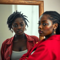 A poignant portrait of a young black woman standing in front of a large mirror, her reflection displaying a bruised face that tells a story of struggle and resilience
