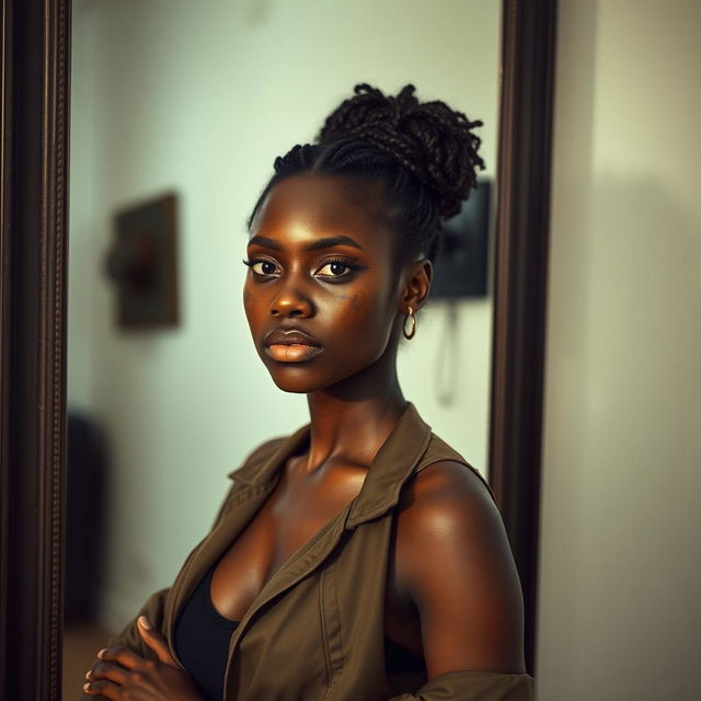 A poignant portrait of a young black woman standing in front of a large mirror, her reflection displaying a bruised face that tells a story of struggle and resilience
