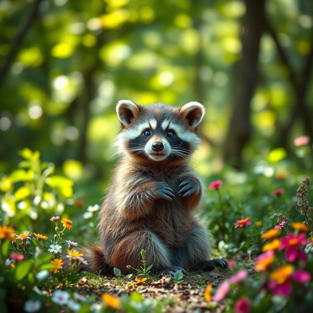 A cute raccoon sitting on its hind legs, with its bushy striped tail curled around its body