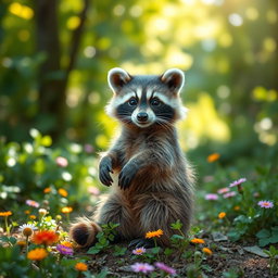 A cute raccoon sitting on its hind legs, with its bushy striped tail curled around its body