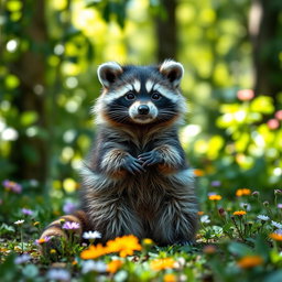 A cute raccoon sitting on its hind legs, with its bushy striped tail curled around its body