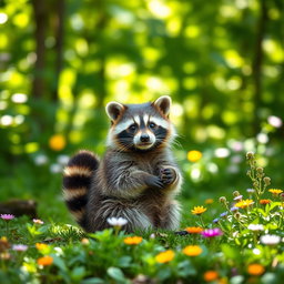 A cute raccoon sitting on its hind legs, with its bushy striped tail curled around its body