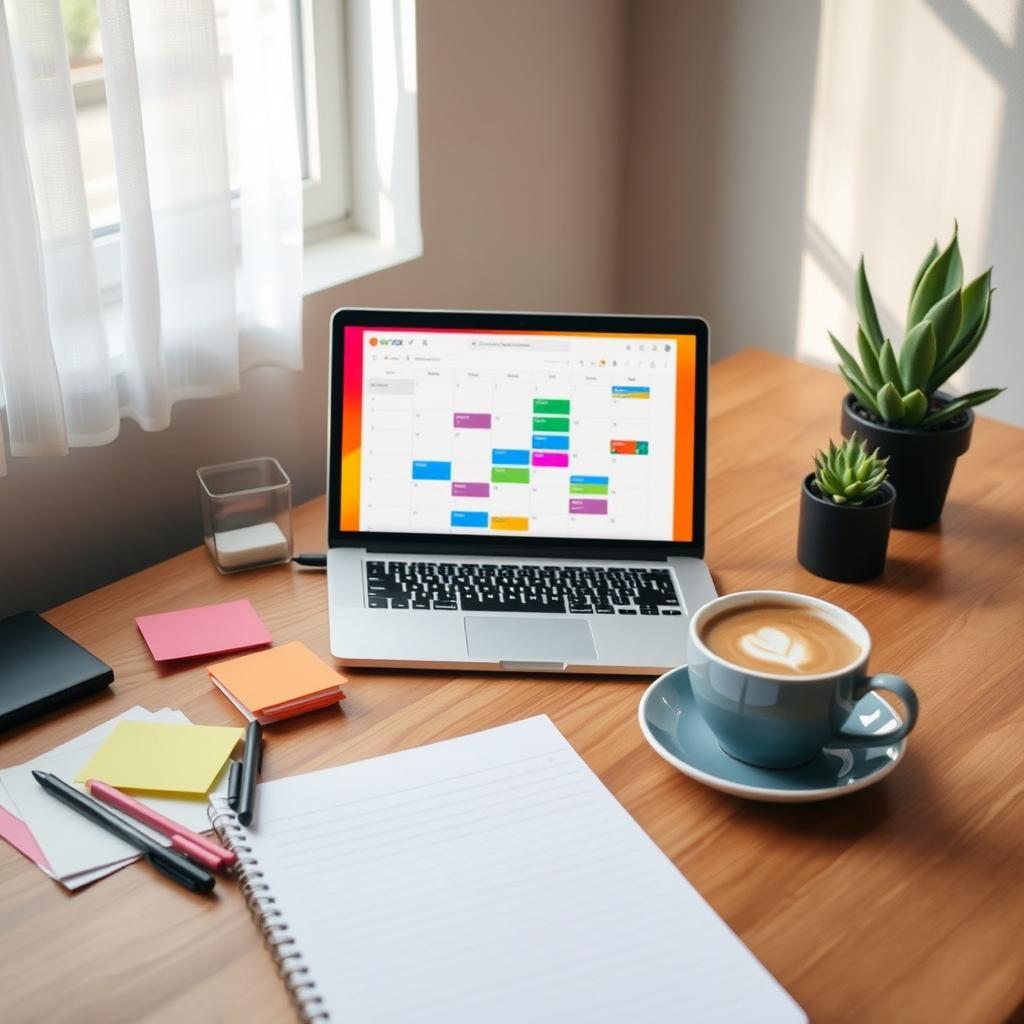 A modern, stylish content planner on a wooden desk, features include colorful sticky notes and pens, an open laptop displaying a vibrant digital calendar, coffee cup with latte art, and a small succulent plant for a touch of greenery