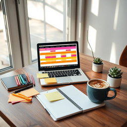 A modern, stylish content planner on a wooden desk, features include colorful sticky notes and pens, an open laptop displaying a vibrant digital calendar, coffee cup with latte art, and a small succulent plant for a touch of greenery