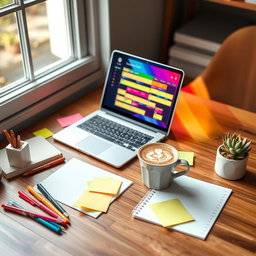 A modern, stylish content planner on a wooden desk, features include colorful sticky notes and pens, an open laptop displaying a vibrant digital calendar, coffee cup with latte art, and a small succulent plant for a touch of greenery