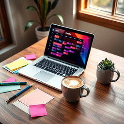 A modern, stylish content planner on a wooden desk, features include colorful sticky notes and pens, an open laptop displaying a vibrant digital calendar, coffee cup with latte art, and a small succulent plant for a touch of greenery