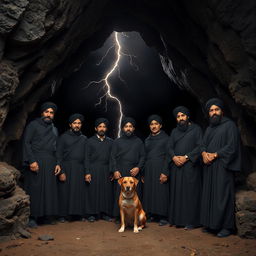 Seven Asian men wearing black robes and turbans are standing inside a dark cave, with an atmosphere of mystique and intrigue