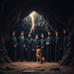 Seven Asian men wearing black robes and turbans are standing inside a dark cave, with an atmosphere of mystique and intrigue