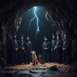 Seven Asian men wearing black robes and turbans are standing inside a dark cave, with an atmosphere of mystique and intrigue