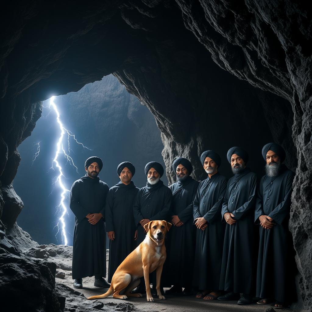 Seven Asian men wearing black robes and turbans are standing inside a dark cave, with an atmosphere of mystique and intrigue