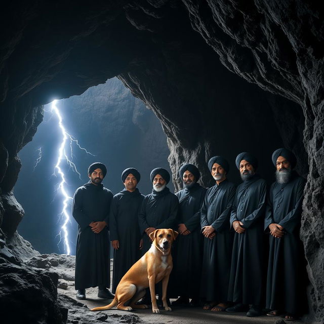 Seven Asian men wearing black robes and turbans are standing inside a dark cave, with an atmosphere of mystique and intrigue