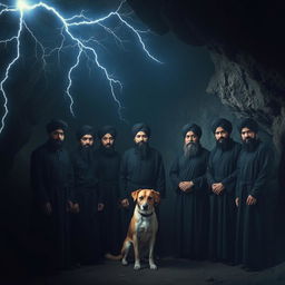 Seven Asian men wearing black robes and turbans are positioned inside a dimly lit cave