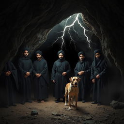 Seven Asian men wearing black robes and turbans are positioned inside a dimly lit cave