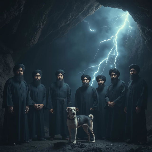 Seven Asian men wearing black robes and turbans are positioned inside a dimly lit cave