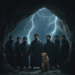 Seven Asian men wearing black robes and turbans are positioned inside a dimly lit cave