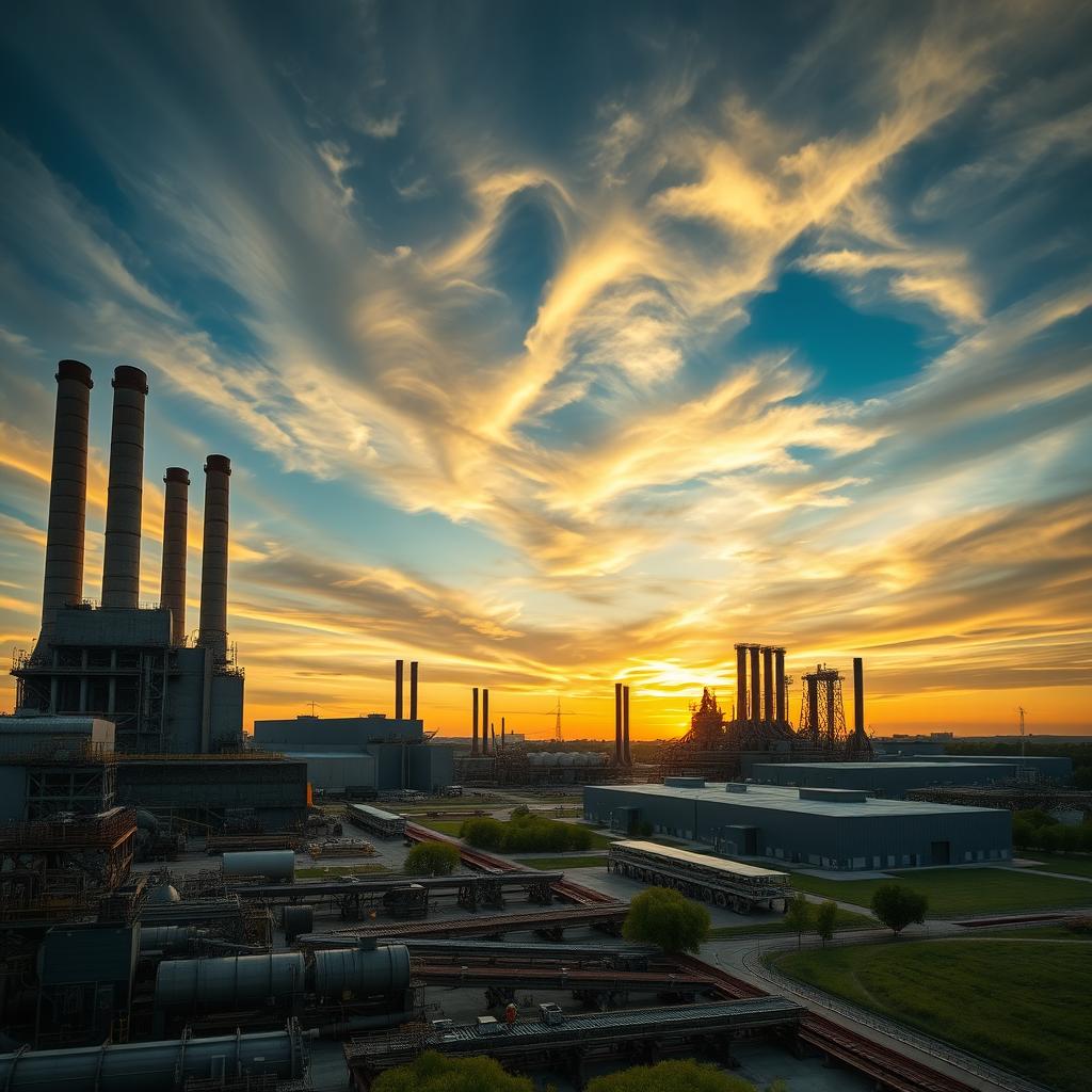 A vast industrial landscape featuring towering smokestacks, large factory buildings, and an expansive warehouse complex