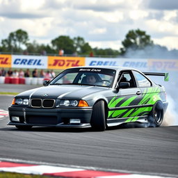 A customized BMW E36 TI designed for drifting, featuring a matte black paint job with vibrant neon green racing stripes, aggressive body kit including a front splitter and rear wing, wide-body stance, lowered suspension, and fitted with large, slick tires