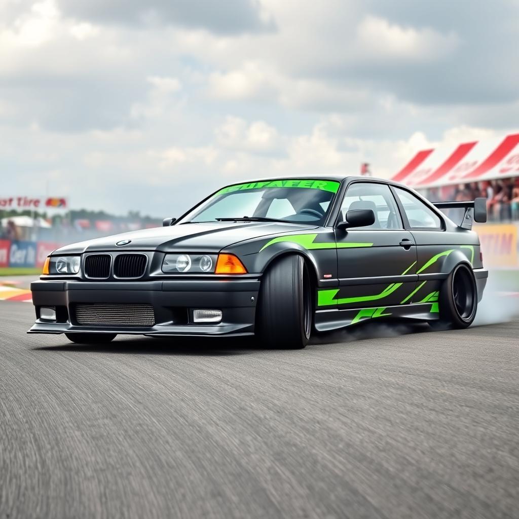 A customized BMW E36 TI designed for drifting, featuring a matte black paint job with vibrant neon green racing stripes, aggressive body kit including a front splitter and rear wing, wide-body stance, lowered suspension, and fitted with large, slick tires