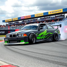 A customized BMW E36 TI designed for drifting, featuring a matte black paint job with vibrant neon green racing stripes, aggressive body kit including a front splitter and rear wing, wide-body stance, lowered suspension, and fitted with large, slick tires