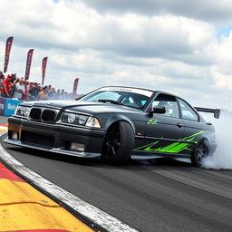 A customized BMW E36 TI designed for drifting, featuring a matte black paint job with vibrant neon green racing stripes, aggressive body kit including a front splitter and rear wing, wide-body stance, lowered suspension, and fitted with large, slick tires