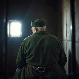 An elderly man, looking extremely tired and hunched over, sitting deep in a prison cell
