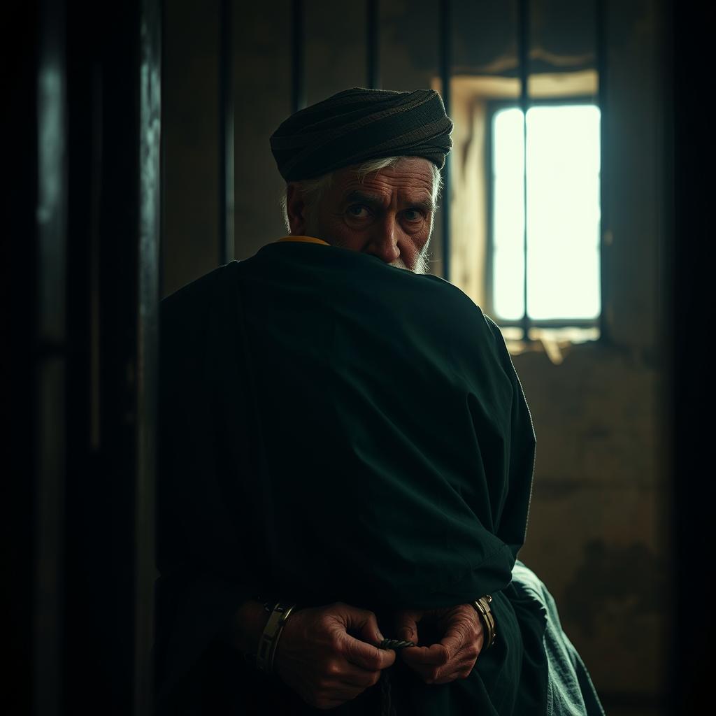 An elderly man, looking extremely tired and hunched over, sitting deep in a prison cell