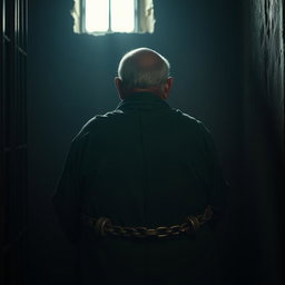 An elderly man, looking extremely tired and hunched over, sitting deep in a prison cell