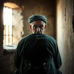 An elderly man, looking extremely tired and hunched over, sitting deep in a prison cell