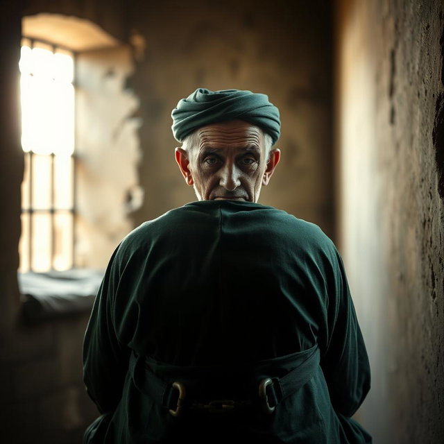 An elderly man, looking extremely tired and hunched over, sitting deep in a prison cell