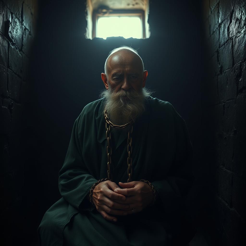 An extremely elderly man, visibly weary and hunched, sitting in the depths of a prison cell