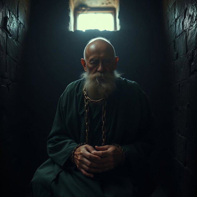 An extremely elderly man, visibly weary and hunched, sitting in the depths of a prison cell