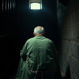 An extremely elderly man, visibly weary and hunched, sitting in the depths of a prison cell