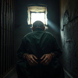 An extremely elderly man, visibly weary and hunched, sitting in the depths of a prison cell