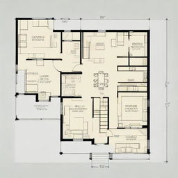 Generate an image of a first floor house plan, featuring a combined living room and bedroom with a focus on the front elevation view.