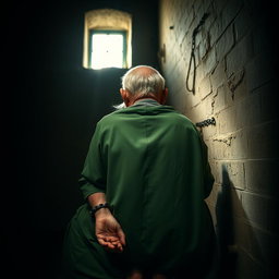 An extremely elderly man, visibly weary and hunched, sitting in the depths of a prison cell