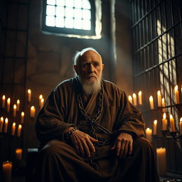 An elderly, very tired man with a stooped posture, sitting in a prison cell
